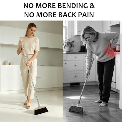 Broom and Dustpan Set with Long Handle, Light Weight Stainless Steel Poles Stand Upright Dustpans with Broom Combo for Home Kitchen Office Pet Dog Hair, Brown & Beige Color, 1-Pack - color: Beige