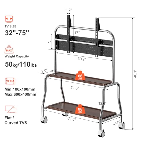Easel Rolling TV Stand for 32-75" TVs, Stainless Steel TV Cart with Shelf - size: Style 4