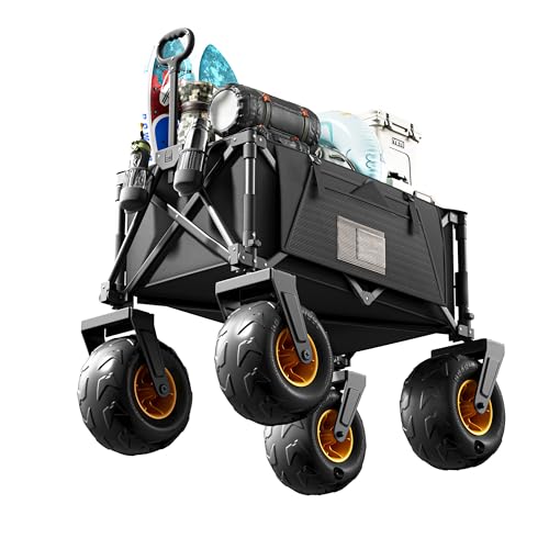 DXZ Beach Wagon Cart with Big Wheels for Sand – Folding Collapsible Wagon, Heavy Duty Wagons Carts Foldable for Beach, Camping, Outdoor Gear, Easy Setup Black Yellow - color: Black Yellow