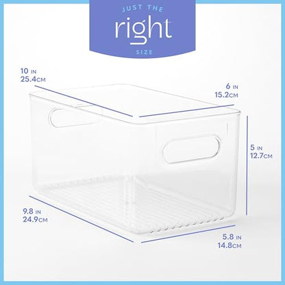 Plastic Food Storage 2 Pack Clear Container Bin with Handles for Organizing Kitchen, Pantry, Refrigerator, Freezer, Pantry, Cabinet, Closet, Bathroom. 10”x6”x5” - size: 10x6x5