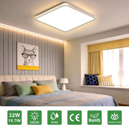 15.7Inch 32W Square LED Ceiling Light Fixtures Flush Mount, 2800K Warm White LED Ceiling Lamp, Surface Mount Modern Ceiling Lights, White Slim Flat Panel Lighting for Bedroom, Kitchen, Bathroom - color: Warm White, size: 15.7 inch White