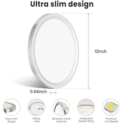 libtit 12 inch Flush Mount LED Ceiling Light Fixture, 3000K 4000K 6500K Adjustable, 28W 3200lm Brushed Nickel Satin Round Lighting Fixtures for Bathroom Shower Hallway Kitchen - color: Brushed Nickel, size: 12in-1Pack