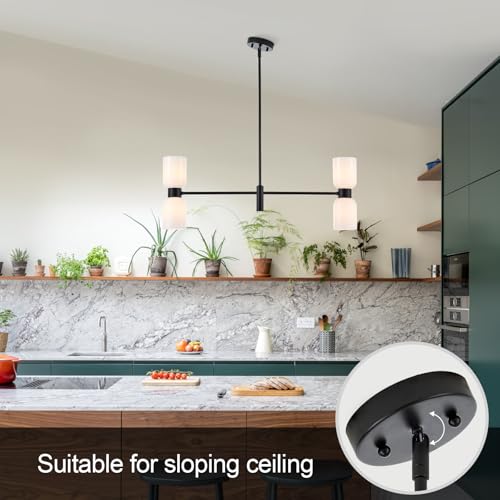 Modern Linear Chandelier for Kitchen Island, Black Island Light Fixtures with White Glass Shade, 4-Light Linear Pendant Light Fixture for Dining Room - color: Black