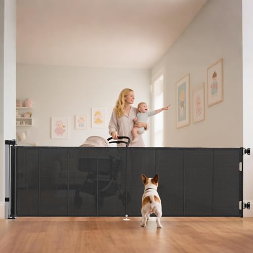 Miumoon 100 inch Reinforced Retractable Baby Gates 34 inch Tall - color: Black, size: 34" Tall x 100" Wide