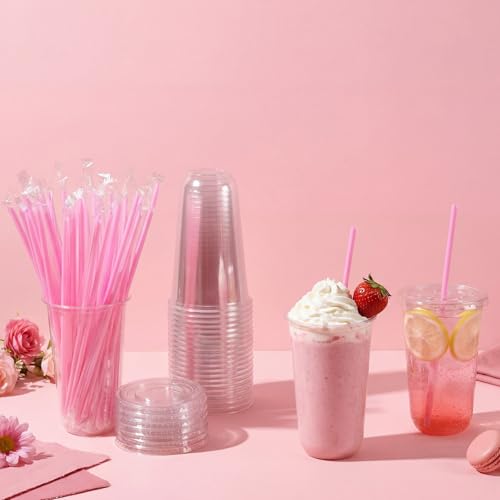 Ziliny 50 Pack 18 oz Plastic Cups with Lids Straws Iced Coffee, Pink - color: Pink, size: 18 oz