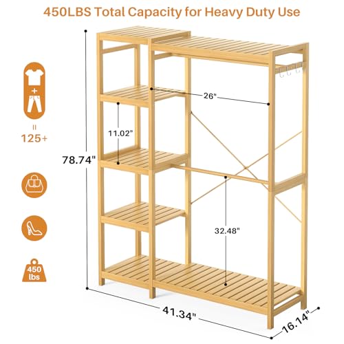 Homykic Bamboo Clothing Rack with 7 Adjustable Shelves, 2 Hang Rods - color: Natural, size: II Medium