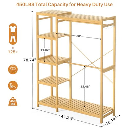 Homykic Bamboo Clothing Rack with 7 Adjustable Shelves, 2 Hang Rods - color: Natural, size: II Medium