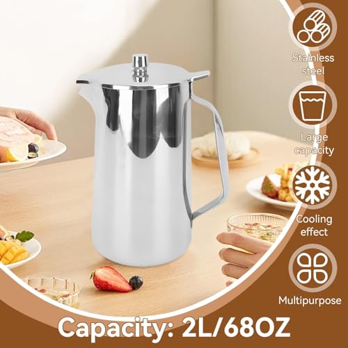 Stainless Steel Pitcher, 2L Coffee Pitcher Metal Water Pitcher Large Capacity Water Kettle with Lid Juice Cold Beverage Jug for Home Restaurant