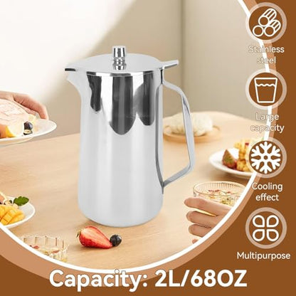 Stainless Steel Pitcher, 2L Coffee Pitcher Metal Water Pitcher Large Capacity Water Kettle with Lid Juice Cold Beverage Jug for Home Restaurant