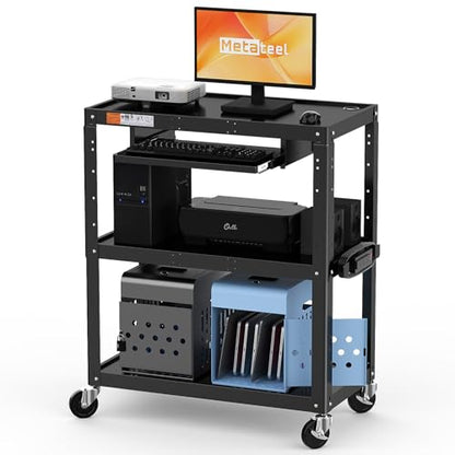 Extra-Large 3-Tier Utility Cart with Built-in Power Strip – Heavy-Duty 14-Gauge Steel Rolling Cart for Office, Workshop, or Classroom – 300 Lb Capacity (34" x 18" x 41.75") - style: Large AV Cart with Keyboard Tray(M-AV-JL)