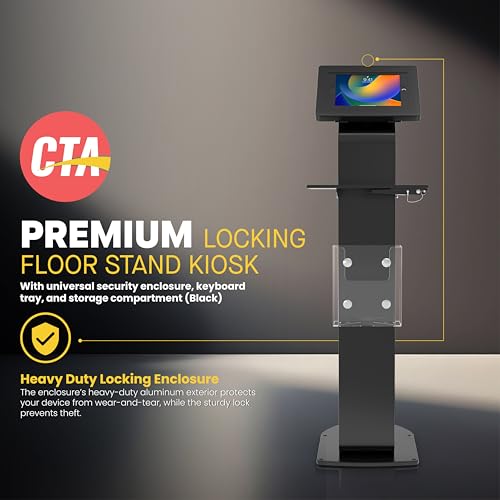 CTA Digital Anti-Theft Mobile Workstation Stand Locking Floor Stand Kiosk w/Secure Enclosure, Keyboard Tray & Storage for iPad A16, iPad Air 11" M3 & M2,Pro 11" Galaxy Tab A & More Black (PAD-PARAFK) - color: Black, size: Medium Size Tablets, style: Key L