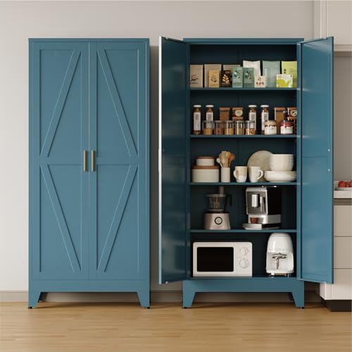 COFaR Metal Pantry Cabinet with Doors, Farmhouse 71'' Tall Storage Cabinet with 4 Adjustable Shelves, Kitchen Pantry Cabinet for Dinning Room, Laundry, Peacock Blue 5-Tier - color: Peacock Blue, size: 15.75''D × 31.5''W × 70.87''H-L01