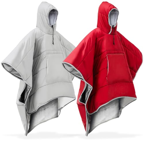 Preboun Thermal Poncho Wearable Hooded Blanket Winter Poncho Wearable Sleeping Bag Water Resistant Windproof for Men Women - color: Red,khaki