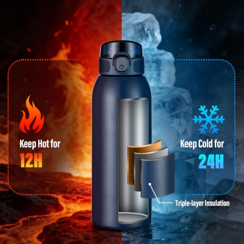 Insulated Water Bottle 24 oz with Dustproof Lid, Carry Handle & Tea Infuser, BPA-Free & Leakproof, Stainless Steel Water Bottles Ideal for Fitness, Hiking, Office & Outdoor Use (Dark Blue) - color: Dark Blue, size: 24 Ounces