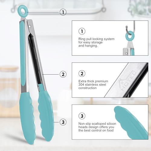 HOTEC Premium Stainless Steel Locking Kitchen Tongs with Silicon Tips, Set of 3-7", 9" and 12" (Gradient Blue) - color: Gradient Blue:12+9+7inch
