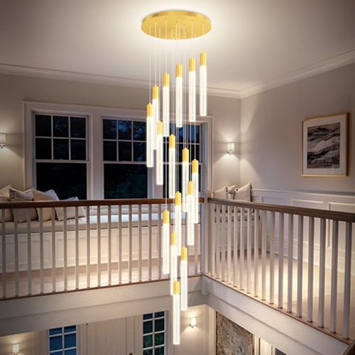 16-Lights High Ceiling Crystal Chandelier Gold Modern Spiral Raindrop Chandeliers Dimmable LED Bubble Cluster Ceiling Hanging Lighting Fixture for Entrance Staircase Foyer Living Room - color: Gold, size: 16-Light