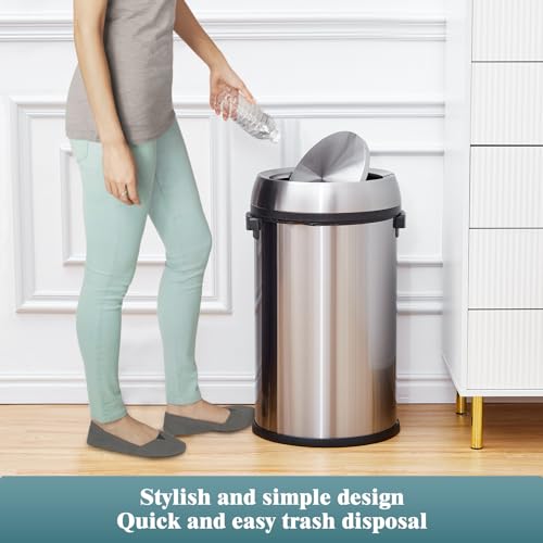 17 Gallon/65L Round Open Top Trash Can, Commercial Stainless Steel Garbage Bin, Heavy Duty Fingerprint & Rust Resistant Waste Container for Kitchen, Office, Restaurant,Flip-Top Trash Can,Silver - color: Silver swing lid