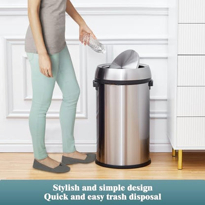 17 Gallon/65L Round Open Top Trash Can, Commercial Stainless Steel Garbage Bin, Heavy Duty Fingerprint & Rust Resistant Waste Container for Kitchen, Office, Restaurant,Flip-Top Trash Can,Silver - color: Silver swing lid