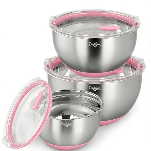 Stainless Steel Mixing Bowls with Clear Airtight Lids, Set of 3 - color: Pink