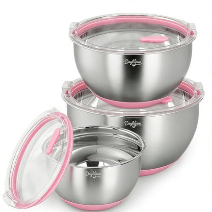 Stainless Steel Mixing Bowls with Clear Airtight Lids, Set of 3 - color: Pink