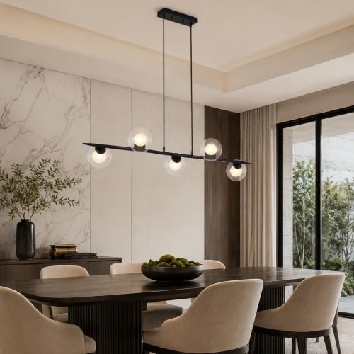 Siittoo 44.88In Modern Black Linear Chandelier with Clear Glass Globes - color: 44 in/Black/5-light(not included bulbs)