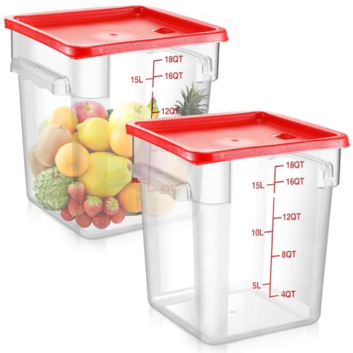 Suclain 2 Pcs Square Food Storage Container Polycarbonate Clear Food Container with Lid Commercial Rice Storage with Graduations for Commercial Kitchen(18 Qt,Red) - color: Red, size: 18 Qt
