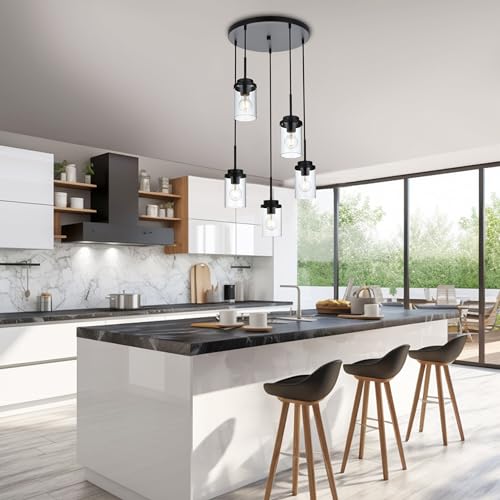 MELUCEE 5-Light Pendant Light Fixtures Ceiling Hanging Cluster Chandelier - color: Black, size: 5 Lights-1 Pack Round