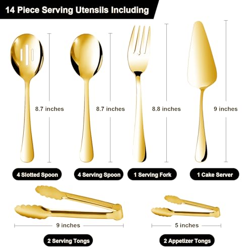 14PCS Serving Utensils - Hostess Serving Utensils Set, Premium Stainless Steel 8.7 inch Serving Utensils, Slotted Spoons, Fork, Tongs, Cake Pie Server for Buffet, Wedding, Dinner (Gold) - color: Gold