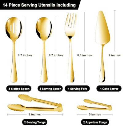 14PCS Serving Utensils - Hostess Serving Utensils Set, Premium Stainless Steel 8.7 inch Serving Utensils, Slotted Spoons, Fork, Tongs, Cake Pie Server for Buffet, Wedding, Dinner (Gold) - color: Gold