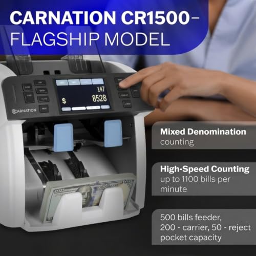 Carnation Money Counter Machine Cash Counting & Mixed Denomination Bill Counter, Portable Currency Detector, Counterfeit Bank Scanner, Dollar Sorter for Commercial, 1100 N/M, UV/MG/MT/IR/2CIS - size: CR1500