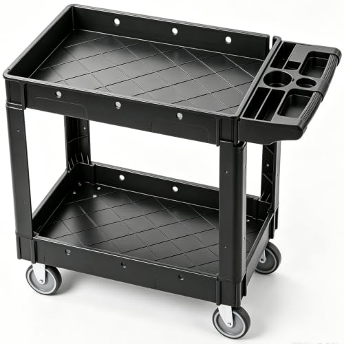 VEVOR Utility Service Cart, 2 Shelf 550LBS Heavy Duty Plastic Rolling Utility Cart, Medium Lipped Shelf, 360° Swivel Wheels, Ergonomic Storage Handle for Warehouse Garage, Black - size: 40.55 x 17.71 x 33.46 in