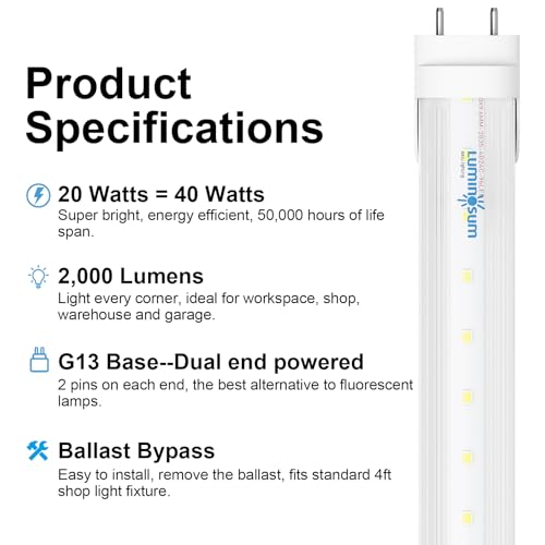 T8 LED Tube Light Bulbs 4 Foot 20W, ETL Listed, 6000K 10 Pack