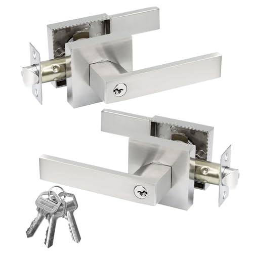 JO.KO Entry Door Lock Set, Different Key Square Door Lever for Bedroom - color: Satin Nickel, size: 2 Pack