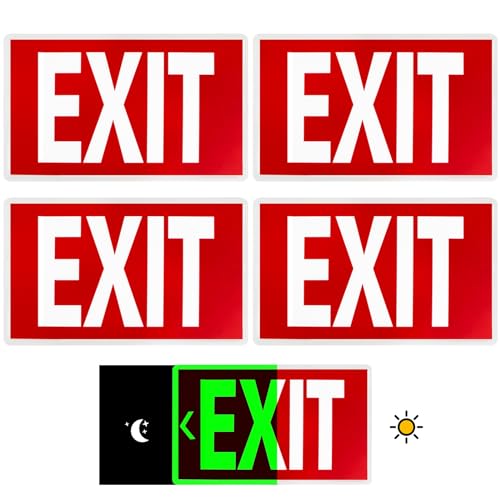 EXIT Sign - Glow In The Dark Photoluminescent EXIT Sign- 12"x7" Red With Adhesive Backing and Removable Directional Arrows Waterproof, Fade Resistant,4-Pack Exit Signs for Business