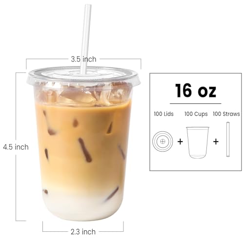 100 Pack 16 oz Plastic Coffee Cups with Lids and Straws