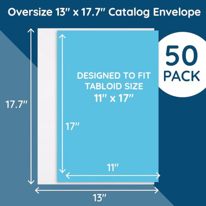 Blue Summit 50 Large Mailing Envelopes, White 13 x 17.7 Envelopes, Self Seal Catalog, Security Tinted for Mailing - size: 13 x 17.7
