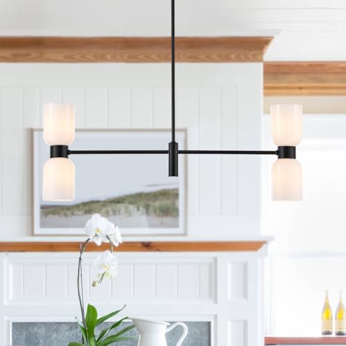 Modern Linear Chandelier for Kitchen Island, Black Island Light Fixtures with White Glass Shade, 4-Light Linear Pendant Light Fixture for Dining Room - color: Black