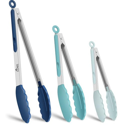 HOTEC Premium Stainless Steel Locking Kitchen Tongs with Silicon Tips, Set of 3-7", 9" and 12" (Gradient Blue) - color: Gradient Blue:12+9+7inch