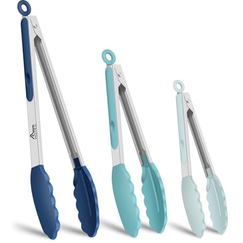 HOTEC Premium Stainless Steel Locking Kitchen Tongs with Silicon Tips, Set of 3-7", 9" and 12" (Gradient Blue) - color: Gradient Blue:12+9+7inch