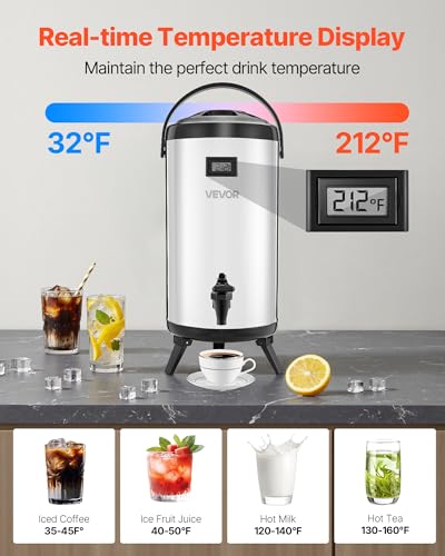 VEVOR Insulated Beverage Dispenser, 2.4 Gal/9.2L Stainless Steel Thermal Drink Server with Spigot & Temp Display, Suitable for Hot and Cold Drinks, for Tea Coffee Water in Cafes & Restaurants, Silver - size: 2.4 Gal (1 Pack)