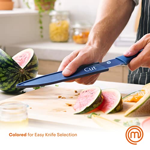 MasterChef Kitchen Knives Set with Covers incl. Paring, Boning, Carving, Bread, Santoku & Chef Knife, Sharp Cutting Stainless Steel Blades with Sheaths, 12 Piece (6 Colored Knives & 6 Covers) - color: Vivid (with Captions), style: Knives with Covers