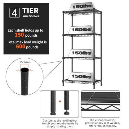Golpart 4Tier Adjustable Storage Shelves Metal Wire Shelving Standing Shelf - color: Black, size: 4-tier-12"Dx22"Wx43.5"H