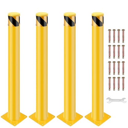 4 Pack 48" Removable Safety Bollards, Surface Mount Steel Parking Barriers w/High-Vis Yellow PVC Stripes, Forklift Protection Posts for Indoor/Outdoor Traffic Control