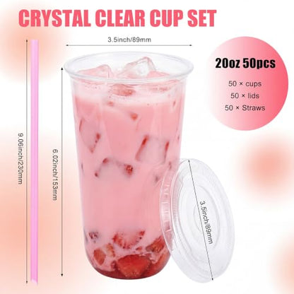 Ziliny 50 Pack 20 oz Plastic Cups with Lids Straws Iced Coffee, Pink - color: Pink, size: 20 oz