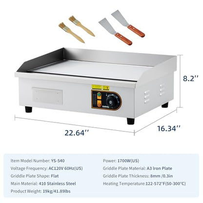 22” Commercial Electric Griddle, 120V 1750W Countertop Griddle, 120-570°F Adjustable Temp, Stainless Steel Electric Flat Top Grill with Removable Drip Tray for Restaurant/Kitchen/Home - size: 22inch
