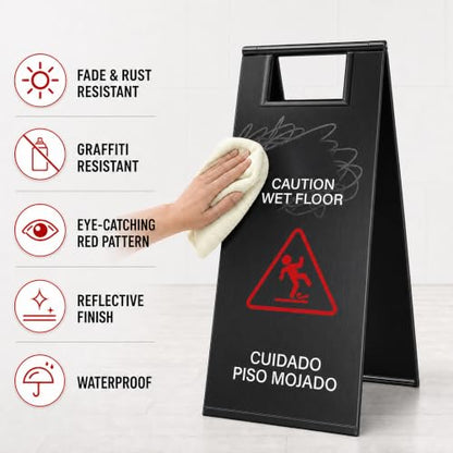 2 Pcs Stainless Steel Wet Floor Sign 24 Inch Caution Sign Black - color: Black