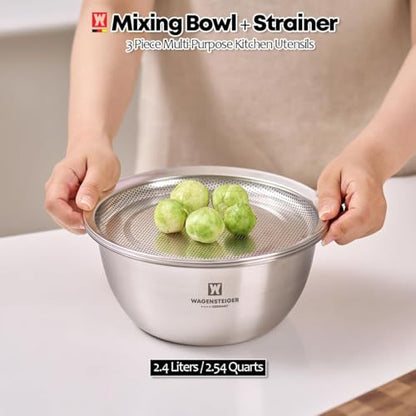 WAGENSTEIGER 3-Piece Stainless Steel Mixing Bowl Set with Strainer & Oil Drain Tray – Nesting Prep & Baking Bowls with Measurement Marks (8.66 in) - size: 8.66 in
