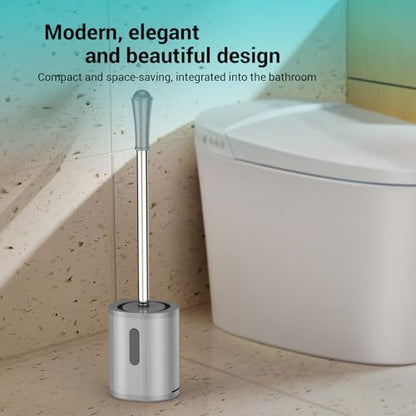 Toilet Brush and Holder Set, with Stainless Steel Handle Toilet Bowl Brush, Compact Toilet Scrubber Brush for Deep Cleaning Bathroom Restroom, Easy to Assemble-Grey - color: Gray