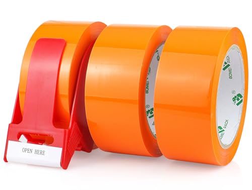 BOMEI PACK Packing Tape with Red Dispenser Orange Packaging Tape for Shipping Moving Strong Sealing Adhesive Industrial Depot Tapes for Storage 1.88 inch x 55 Yards, 3 Rolls - color: orange
