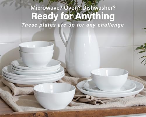 ONEMORE Plates and Bowls Set 12 Pcs,Stoneware Dinnerware Sets for 4 Microwavable,Oven & Dishwasher Safe Porcelain,Scratch Resistant Dishes Set,White - color: White